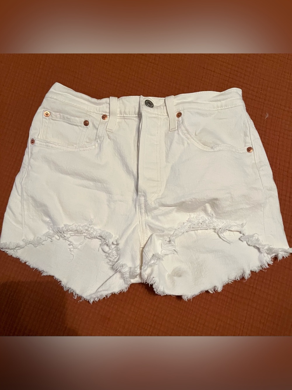 Levi's White Distressed Frayed Hem Denim Shorts